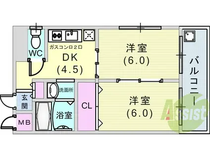 レジデンシア三宮(2DK/8階)の間取り写真