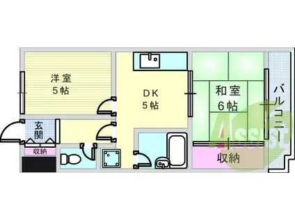 阪急電鉄神戸線 西宮北口駅 徒歩15分 4階建 築35年(2DK/1階)の間取り写真