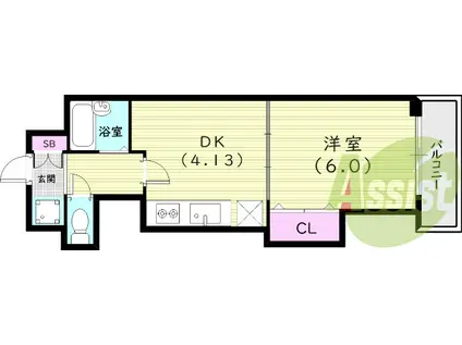 阪急電鉄神戸線 西宮北口駅 徒歩3分 8階建 築25年(1DK/3階)の間取り写真