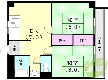 阪神電鉄本線 鳴尾・武庫川女子大前駅 徒歩13分 3階建 築48年(2DK/2階)の間取り写真