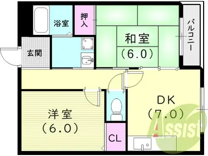 阪急電鉄甲陽線 苦楽園口駅 徒歩14分 3階建 築27年(2DK/3階)の間取り写真