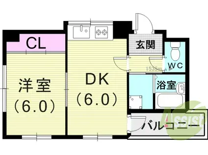 阪神電鉄本線 久寿川駅 徒歩9分 3階建 築34年(1DK/2階)の間取り写真