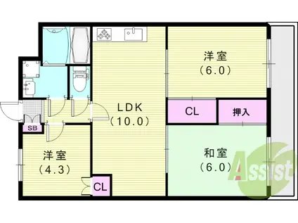 阪急電鉄今津線 甲東園駅 徒歩6分 3階建 築28年(3LDK/2階)の間取り写真