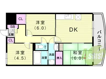 阪急電鉄今津線 門戸厄神駅 徒歩10分 3階建 築33年(3DK/2階)の間取り写真