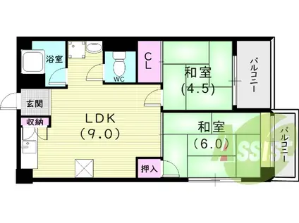 阪急電鉄甲陽線 苦楽園口駅 徒歩20分 5階建 築51年(2LDK/2階)の間取り写真