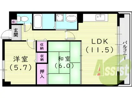 阪急電鉄神戸線 西宮北口駅 徒歩16分 3階建 築27年(2LDK/1階)の間取り写真