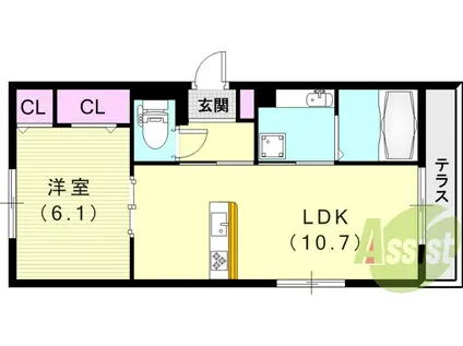 阪神電鉄武庫川線 東鳴尾駅 徒歩3分 3階建 築1年(1LDK/1階)の間取り写真