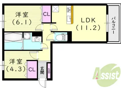 阪神電鉄武庫川線 東鳴尾駅 徒歩7分 3階建 築1年(2LDK/1階)の間取り写真