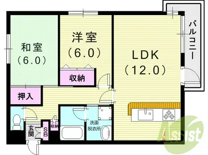 阪急電鉄今津線 門戸厄神駅 徒歩2分 3階建 築36年(2LDK/3階)の間取り写真