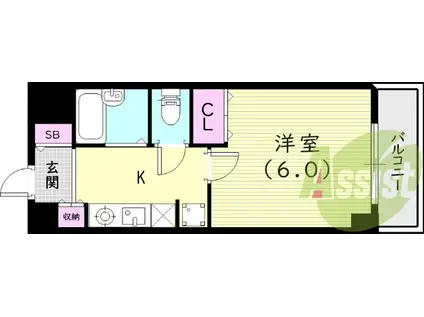 阪急電鉄神戸線 西宮北口駅 徒歩2分 6階建 築27年(1K/6階)の間取り写真