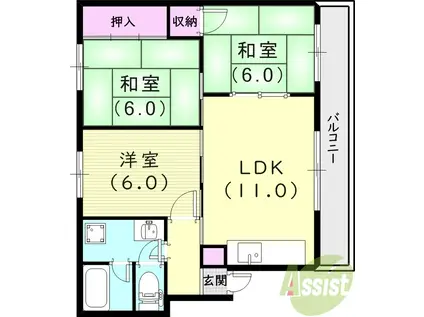 阪急電鉄神戸線 西宮北口駅 徒歩11分 3階建 築38年(3LDK/2階)の間取り写真