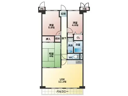 ボヌール錦織公園(3LDK/4階)の間取り写真
