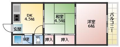 近鉄南大阪線 古市駅(大阪) 徒歩3分 3階建 築47年(2DK/2階)の間取り写真