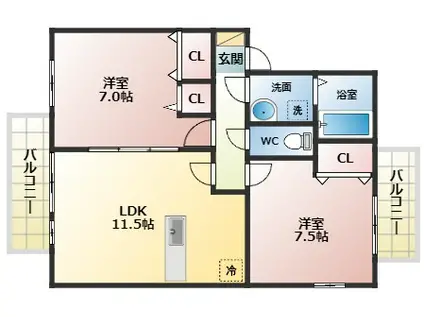 コンフォヴェールB棟(2LDK/2階)の間取り写真
