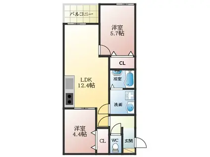 BADGE島泉(2LDK/3階)の間取り写真