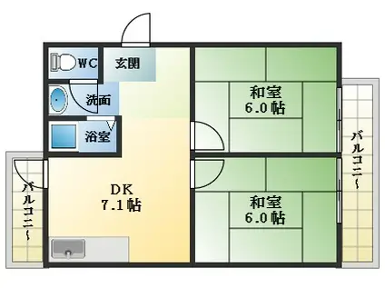 国分旭ヶ丘1棟(2DK/1階)の間取り写真