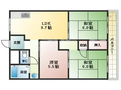玉手山ハイツ3号館(3LDK/3階)の間取り写真
