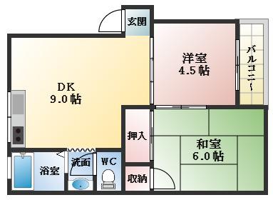 八尾ハイツ(2DK/1階)の間取り写真