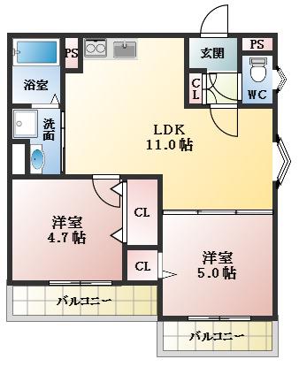 クリエオーレ大正(2LDK/2階)の間取り写真