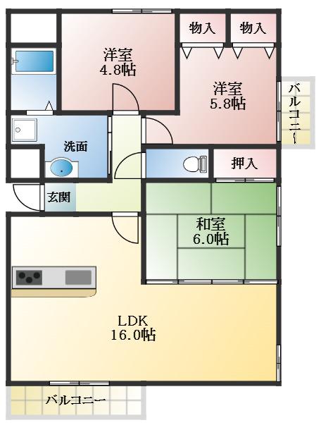 グランパス富田林(3LDK/1階)の間取り写真