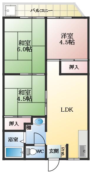 阪南グリーンハイツB棟(3LDK/3階)の間取り写真