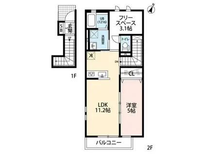 クレール 狭山(1SLDK/2階)の間取り写真