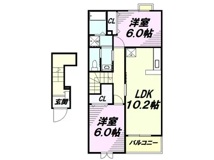 中央本線 八王子駅 バス乗車時間：25分 榎木バス停で下車 徒歩7分 2階建 築17年(2LDK/2階)の間取り写真