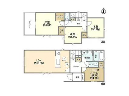 中央本線 西八王子駅 徒歩66分 2階建 築1年(3SLDK)の間取り写真