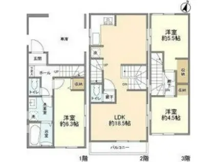 西武鉄道拝島線 東大和市駅 徒歩11分 3階建 築2年(2SLDK)の間取り写真