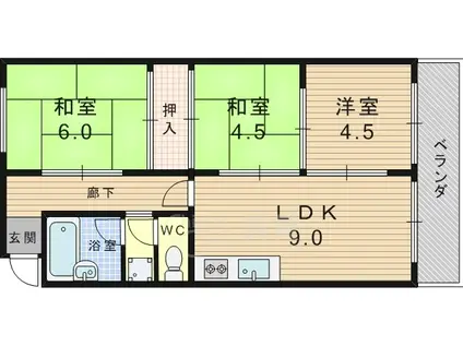 箕面パークヴィラ東棟(3DK/2階)の間取り写真