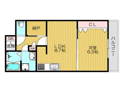 ロゼオ八尾(1LDK/3階)の間取り写真