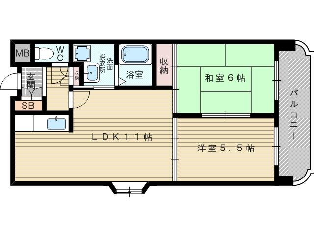 大阪市今里筋線 瑞光四丁目駅 徒歩7分 7階建 築33年(2LDK/5階)の間取り写真