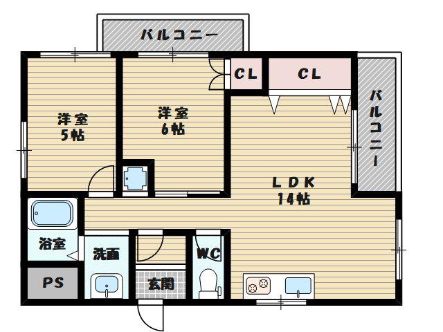 リッシュヴィラージュ(2LDK/4階)の間取り写真