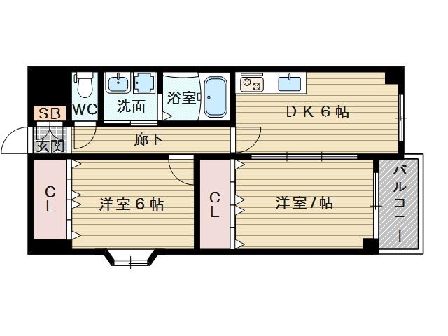 阪急電鉄京都線 上新庄駅 徒歩17分 8階建 築49年(2DK/2階)の間取り写真