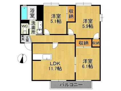 塚原台レイクタウンA棟(3LDK/2階)の間取り写真