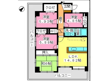 西鉄天神大牟田線 井尻駅 徒歩18分 6階建 築25年(4LDK/3階)の間取り写真