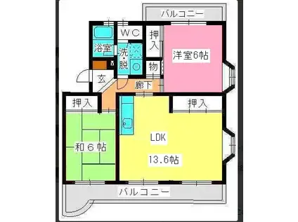 ロイヤルハイツ泉(2LDK/4階)の間取り写真