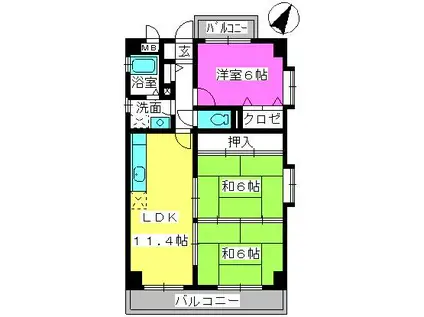 鹿児島本線 笹原駅 徒歩15分 6階建 築30年(3LDK/6階)の間取り写真