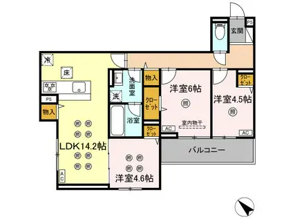 トリシア 東大利(3LDK/1階)の間取り写真