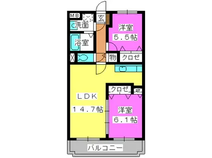 グランデュールシャトーA棟(2LDK/2階)の間取り写真