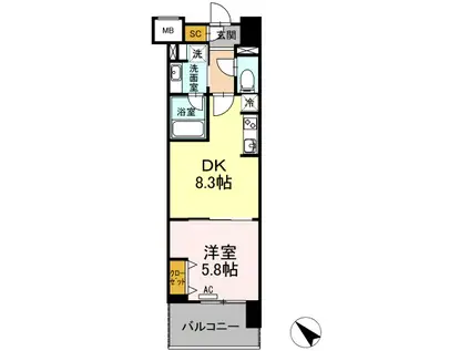 ウィスタリアレジデンス博多(1DK/9階)の間取り写真