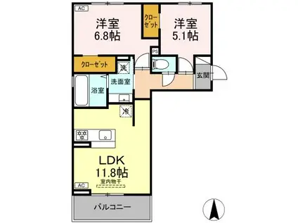 トリシア野多目Ⅰ(2LDK/2階)の間取り写真