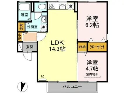 セジュールKAZC棟(2LDK/2階)の間取り写真