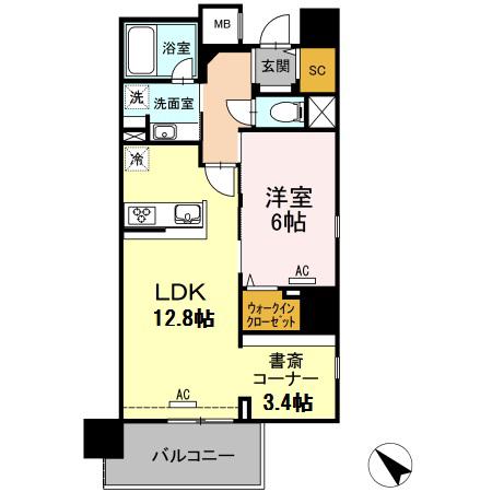 ウィスタリアレジデンス博多(1LDK/12階)の間取り写真