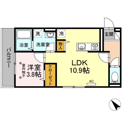 鹿児島本線 竹下駅 徒歩30分 3階建 築6年(1LDK/3階)の間取り写真