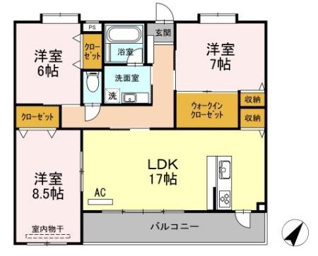 鹿児島本線 南福岡駅 徒歩12分 5階建 築9年(3LDK/3階)の間取り写真