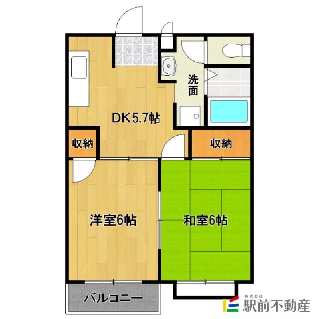 鹿児島本線 西牟田駅 徒歩21分 2階建 築33年(2DK/1階)の間取り写真