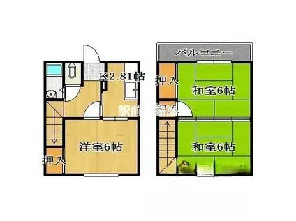 西鉄天神大牟田線 蒲池駅(福岡) 徒歩20分 2階建 築42年(3K/2階)の間取り写真