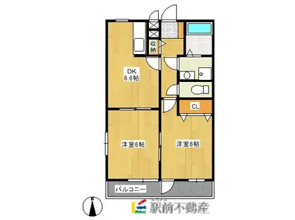 鹿児島本線 大牟田駅 徒歩14分 2階建 築23年(2DK/1階)の間取り写真