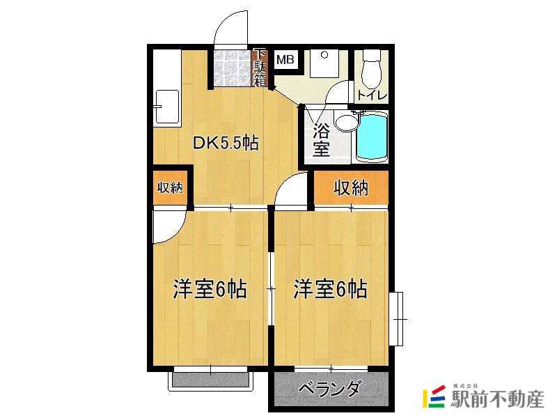 鹿児島本線 羽犬塚駅 徒歩20分 2階建 築35年(2DK/1階)の間取り写真